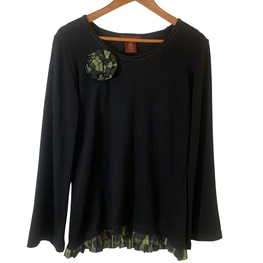 Silvana Womens Merino Wool Sweater Medium Black Plaid Taffeta‎ Trim Italy Preppy